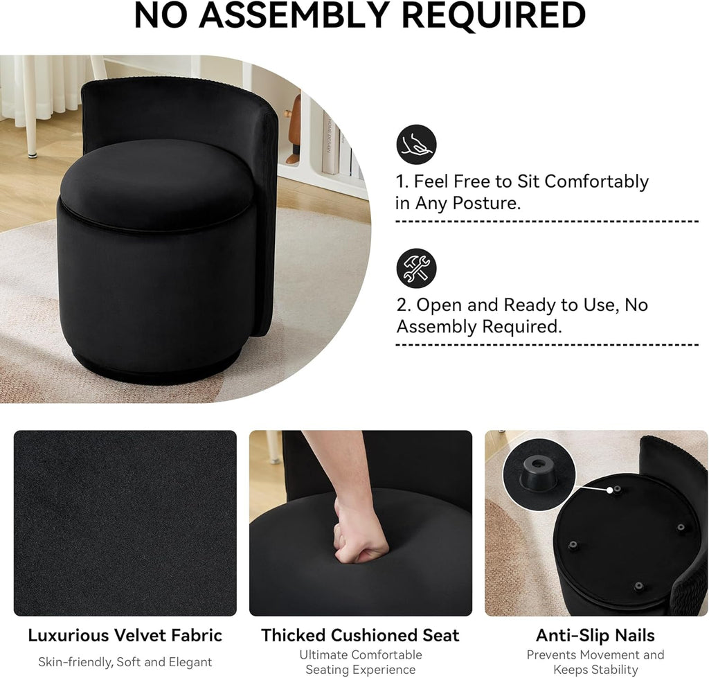 WUTUTUEE Velvet Vanity Chair with Storage, 360° Swivel Makeup Chair with Wave Back, No Assembly Small Accent Stool for Bedroom, Dressing, Living Room, Black