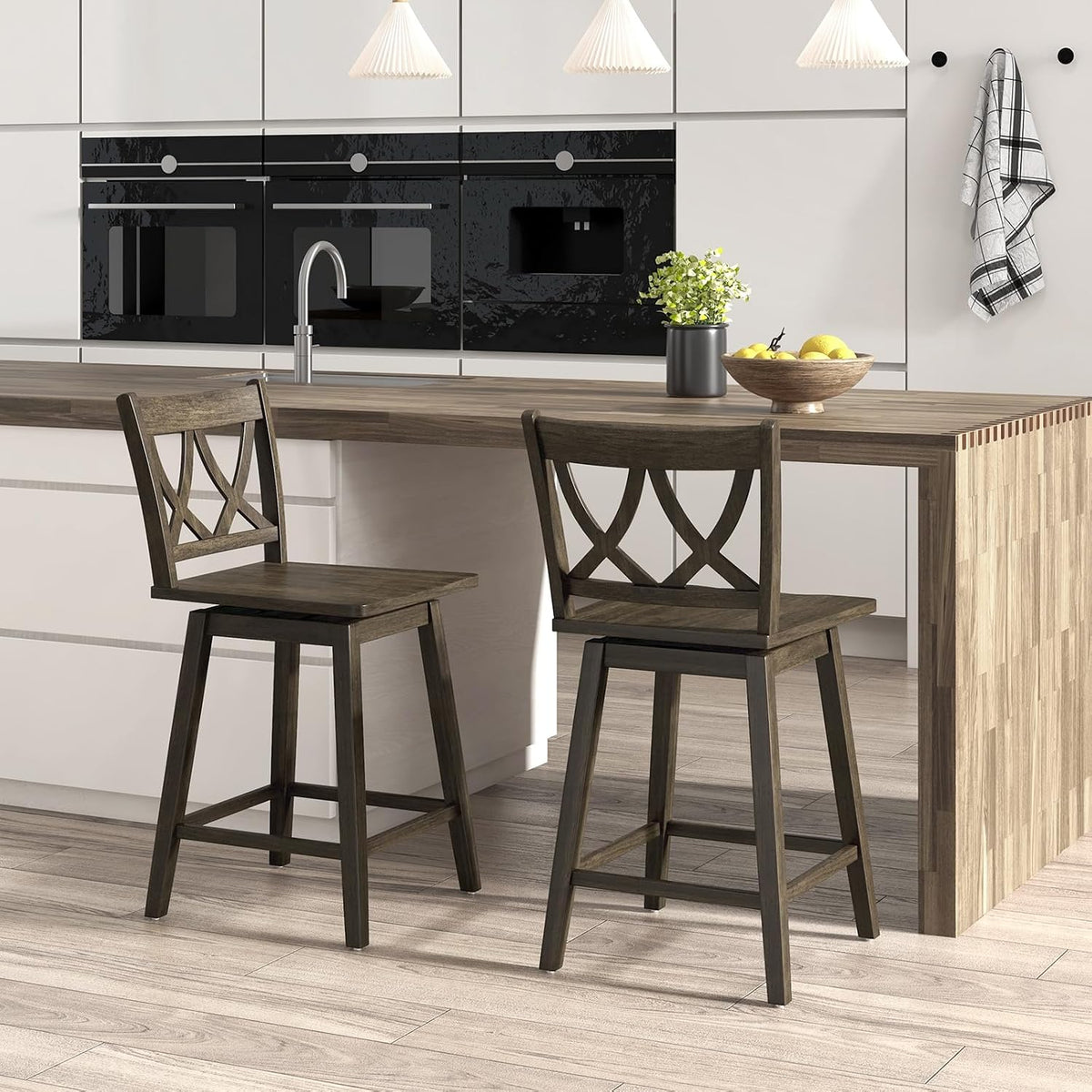 GIANTEX 24" Bar Stools Set of 2, Swivel Wooden Bar Chairs with Rubber Wood Frame, Footrest & Ergonomic Backrest, Counter Height Barstools for Kitchen Island, Restaurant & Pub, Dark Grey