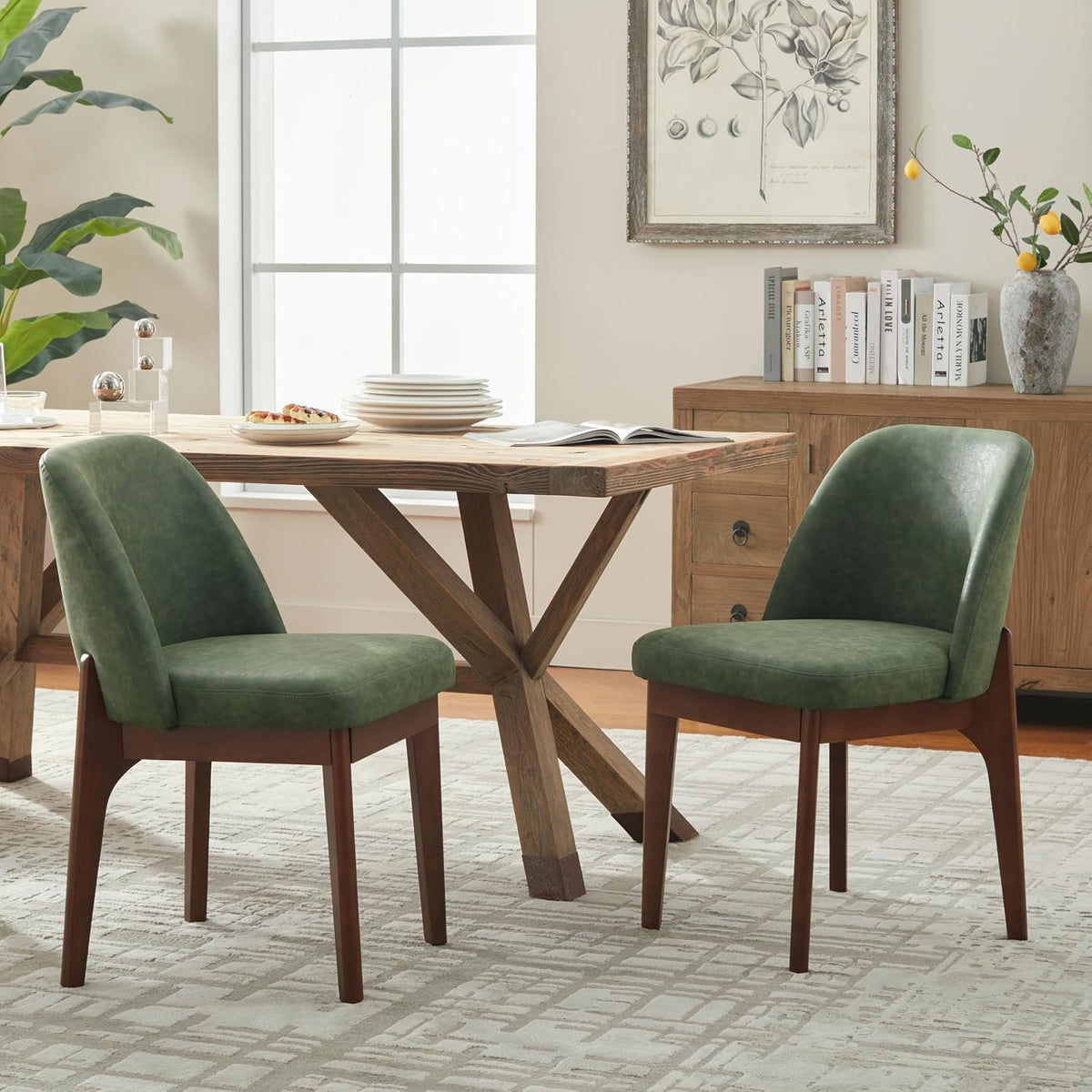 VKNOW Dining Chairs Set of 6, Faux Leather Wooden Kitchen Chairs, Green