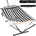 Lazy Daze Rope Hammock with Stand and Pad for Outside, Black White