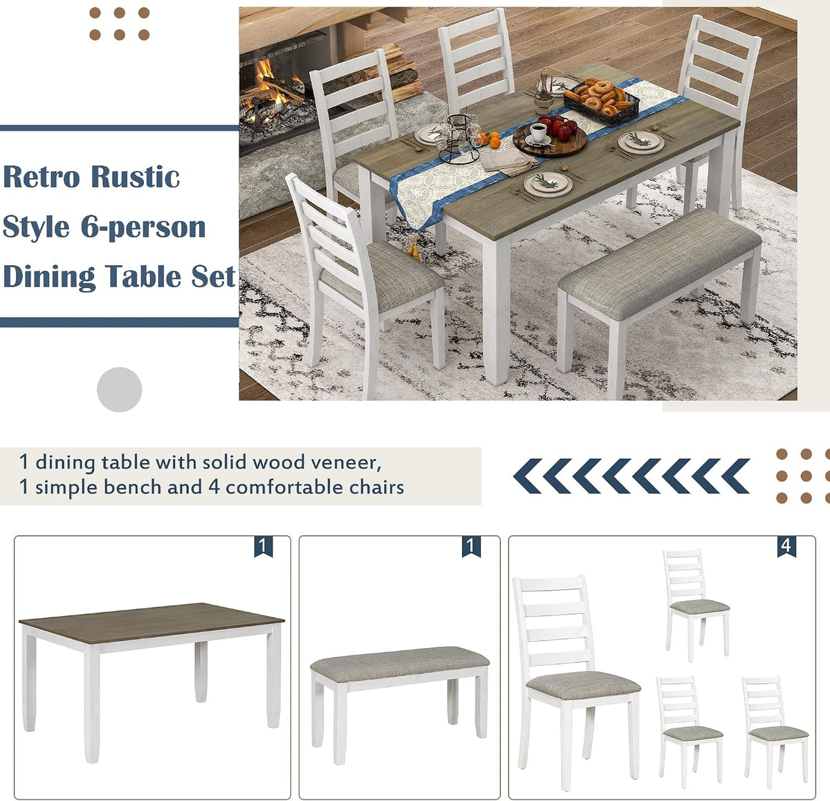 Merax 6 Piece Dining Table Set with Bench, Wooden Rectangular Dining Table with 4 Chairs & a Bench, Kitchen Dining Room Table Chairs Set (Brown + Whitewash)