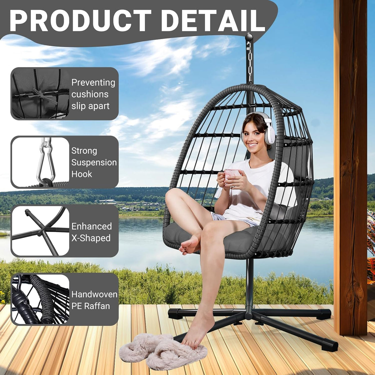 LEVELEVE Hanging Egg Chair with Stand, Patio Rattan Wicker Swing Chair, Oversized Hammock Seat for Bedroom Porch Garden, Thickened Steel Frame & UV Resistant Cushion, 350LBS Capacity（Grey