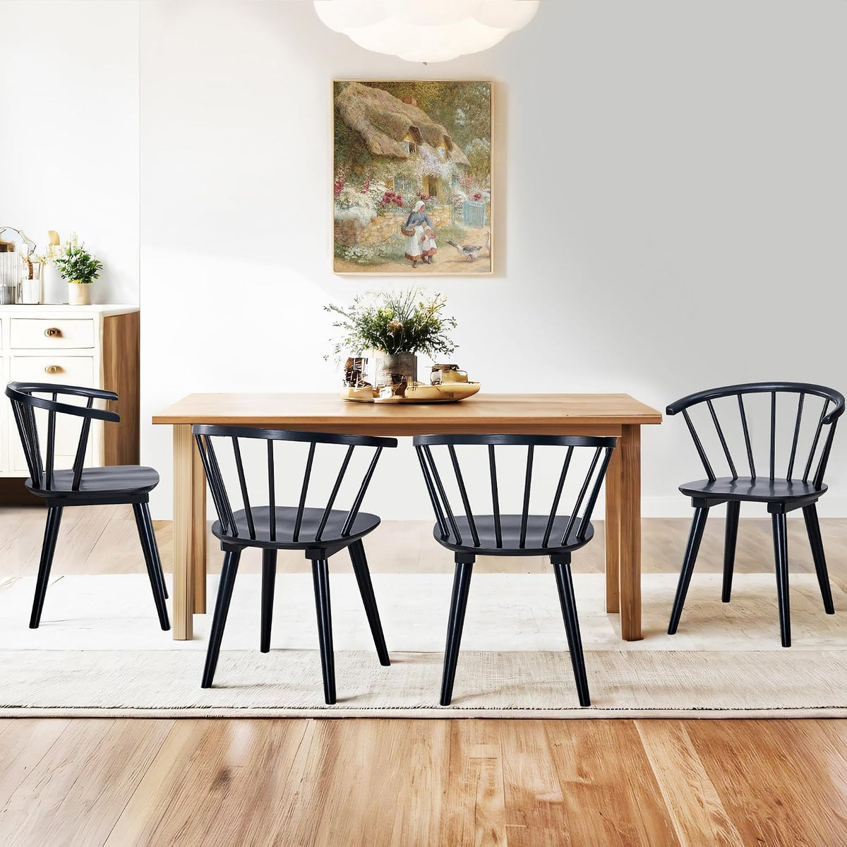 DUHOME Wooden Black Dining Chairs Set of 4, Windsor Dining Room Chairs with Arms Farmhouse Spindle Back Wood Kitchen Chairs with Curve Back, Mid Century Modern Style