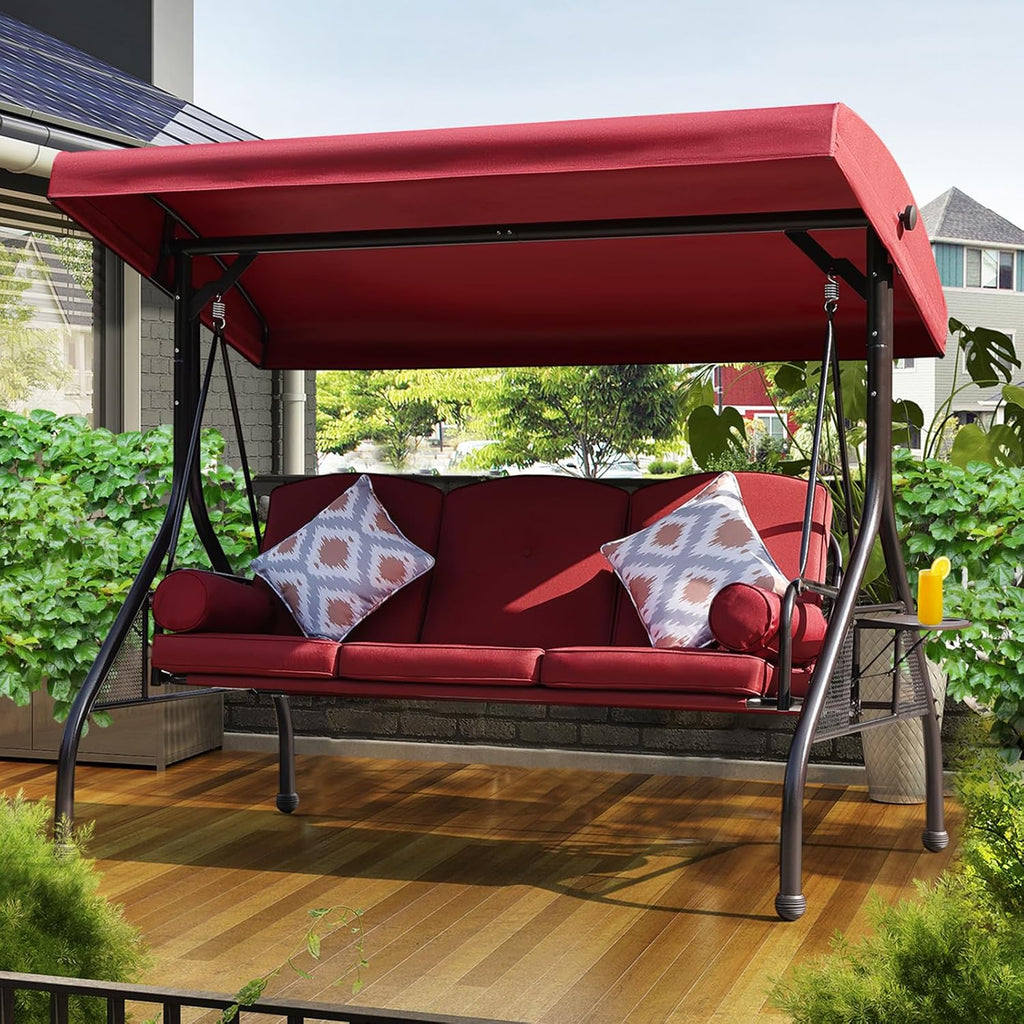 NOBLEMOOD 3-Seat Patio Porch Swing with Adjustable Canopy & Side Trays