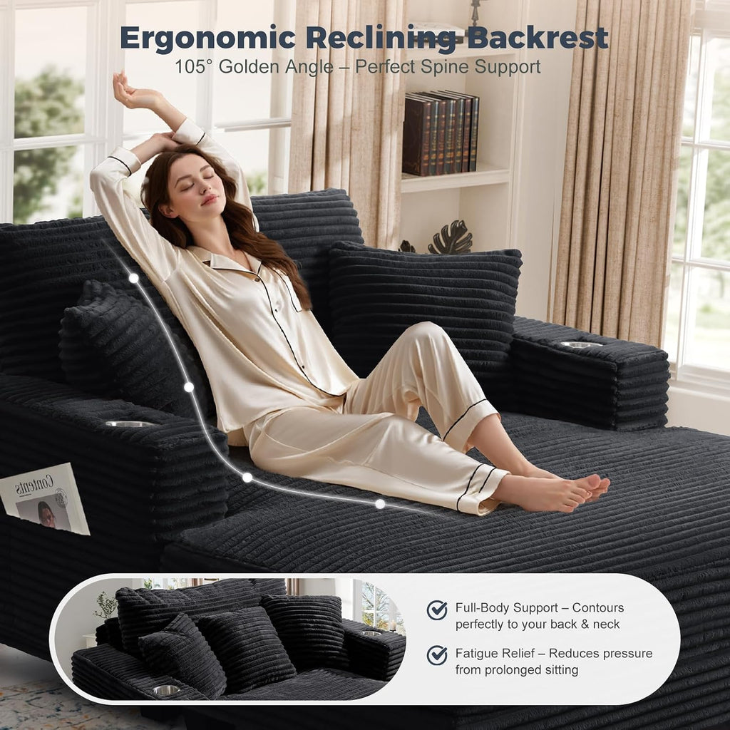 HUSFU 60" Chaise Lounge Chair Indoor, Wood Frame, Black