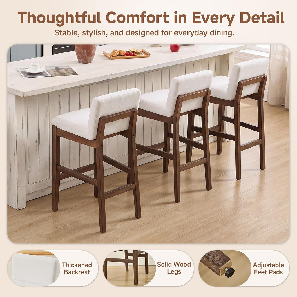 Bar Stools Set of 2, Counter Height Bar Stools with Backs, Comfortable Linen Upholstered Farmhouse Kitchen Island Stools, Barstools for Home Bar & Kitchen Counter, Beige