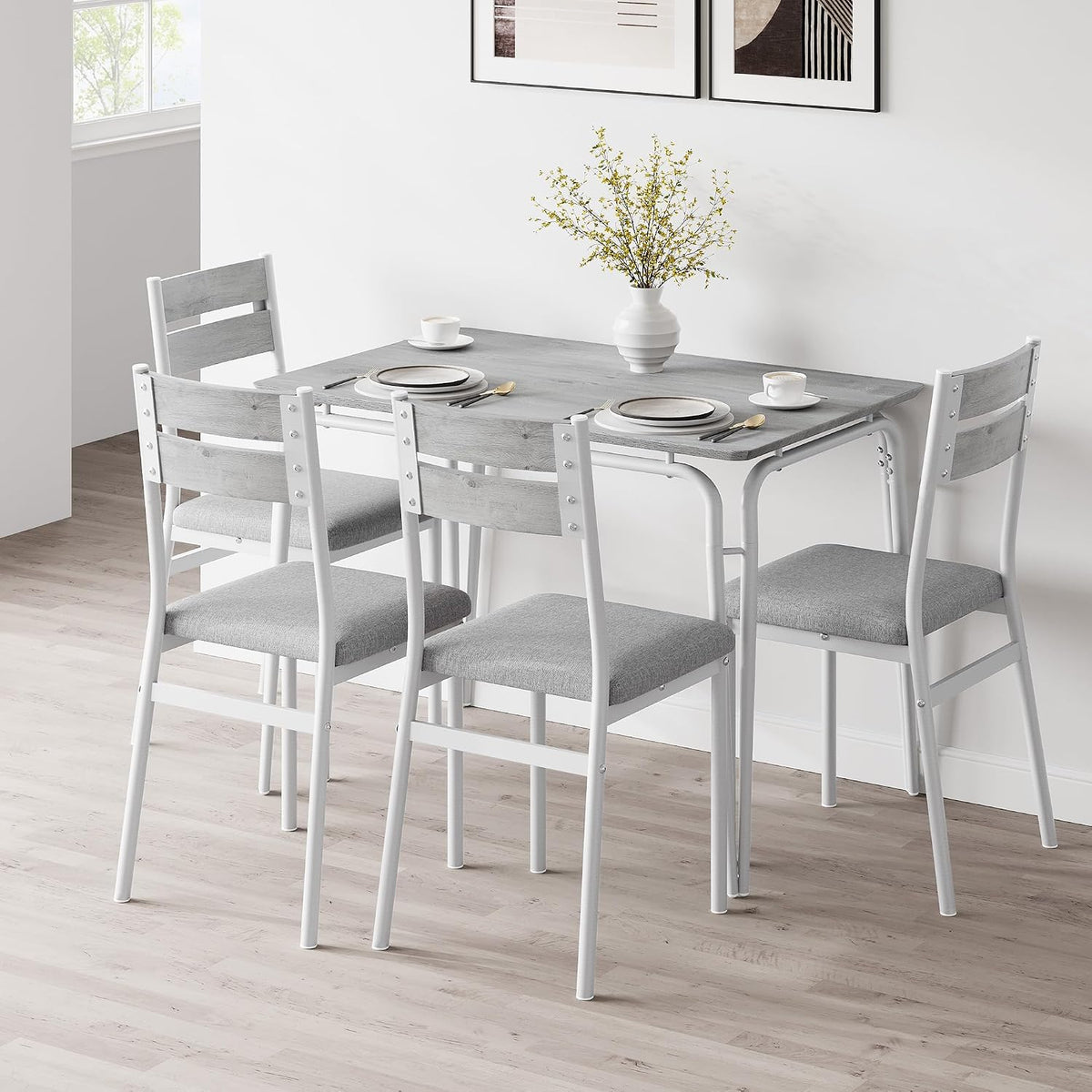 GarveeHome Dining Table for 2, Small Table and Chairs Set of 2, Square Dinette Set for 2, 3 Piece Kitchen & Dining Room Sets for Small Space (White, Table with 4 Upholstered Chairs)