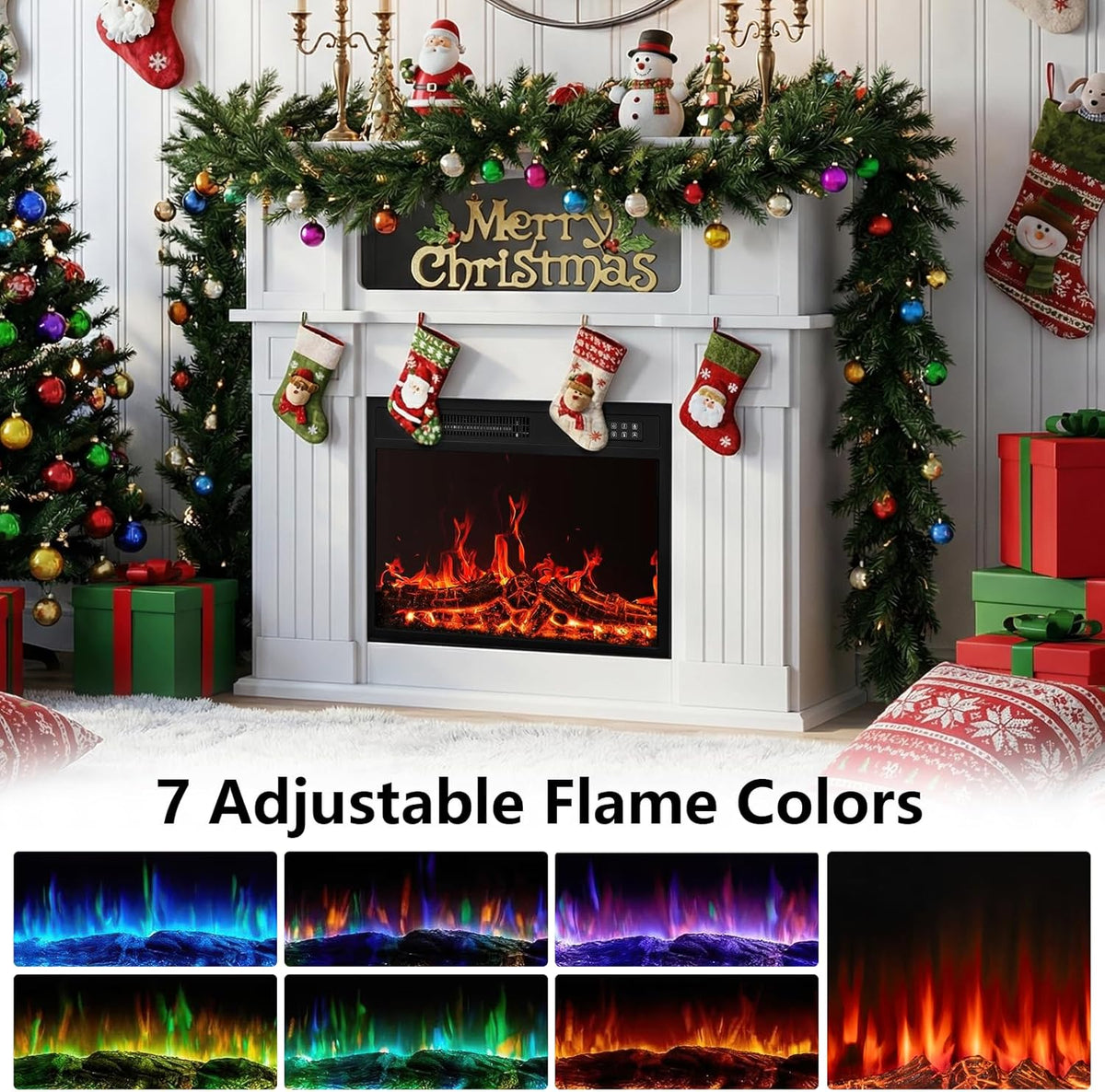 43 inch Electric Fireplace with Mantel, LED Lights Strip, White