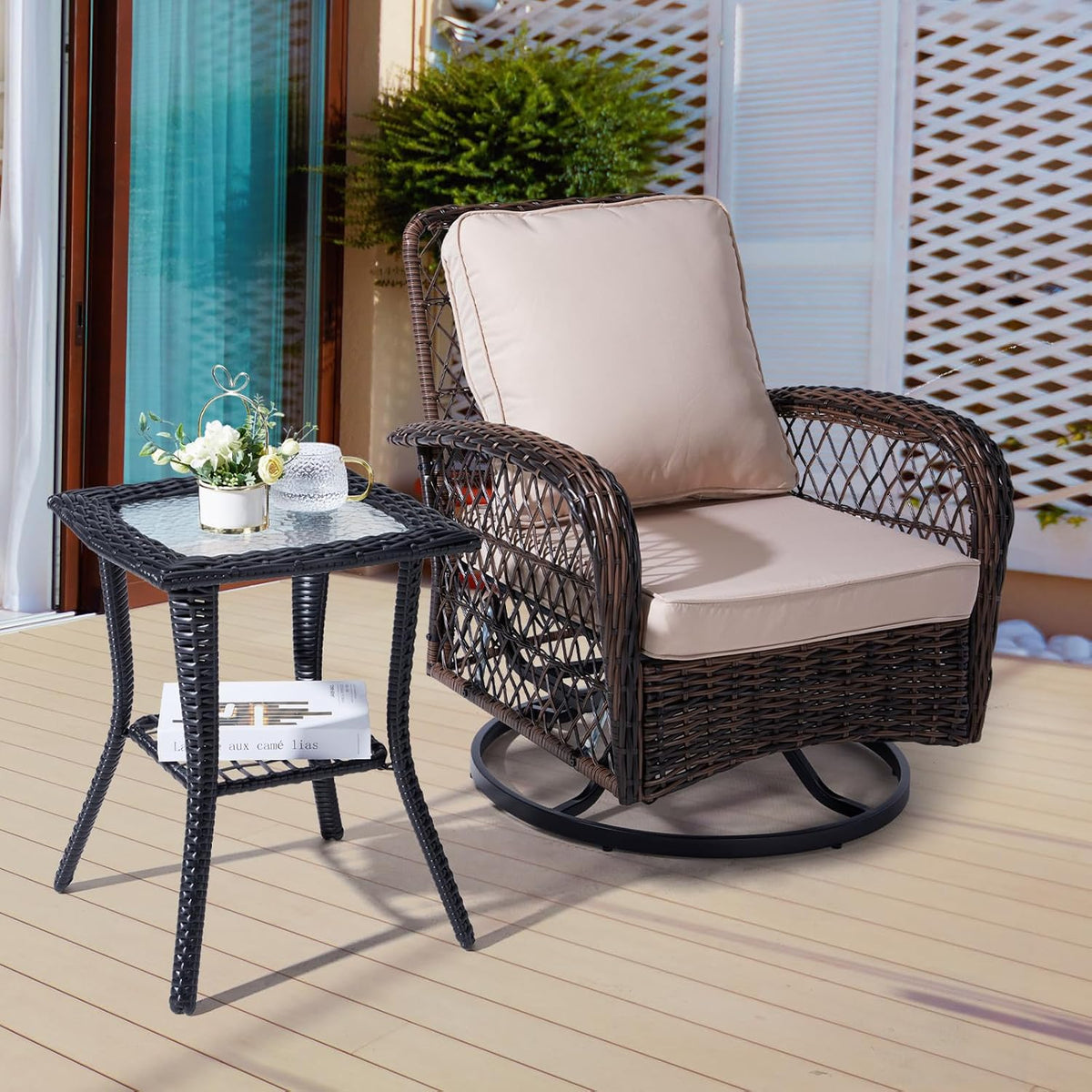 Outvita Rattan Outdoor Side Coffee Table with Glass Tabletop Storage Shelf