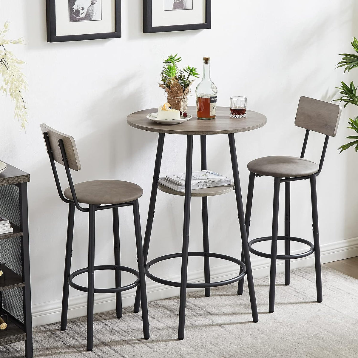 GNIXUU 3 Piece Bar Table Set, 2-Tier Round Pub Dining Set Wooden Bistro Table with 2 PU upholstered Stools Counter Height Kitchen Table Set for Breakfast Nook, Restaurant, Small Space(Grey)
