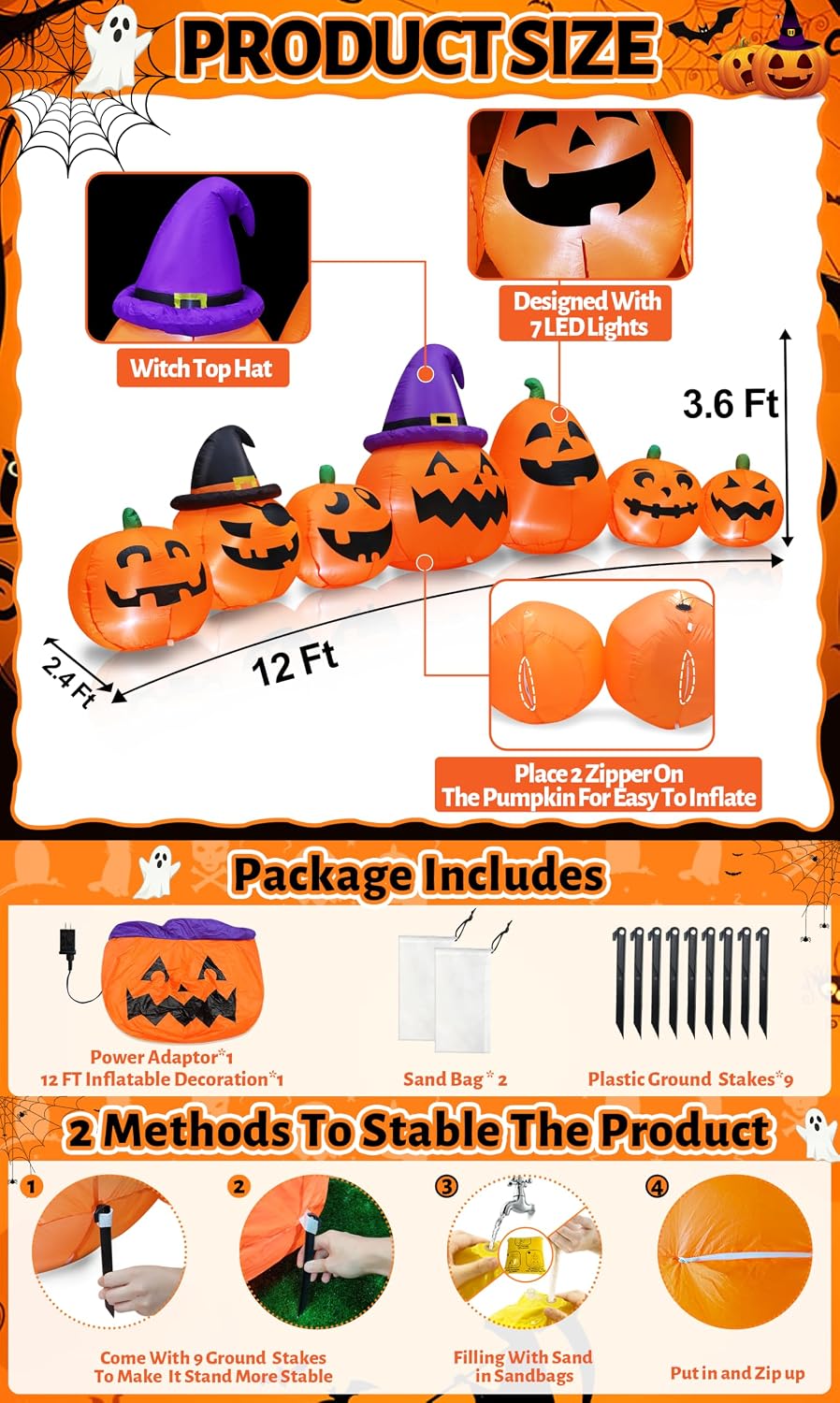 12 Ft Long Halloween Inflatables Pumpkins Outdoor Decor Built-in LED Lights