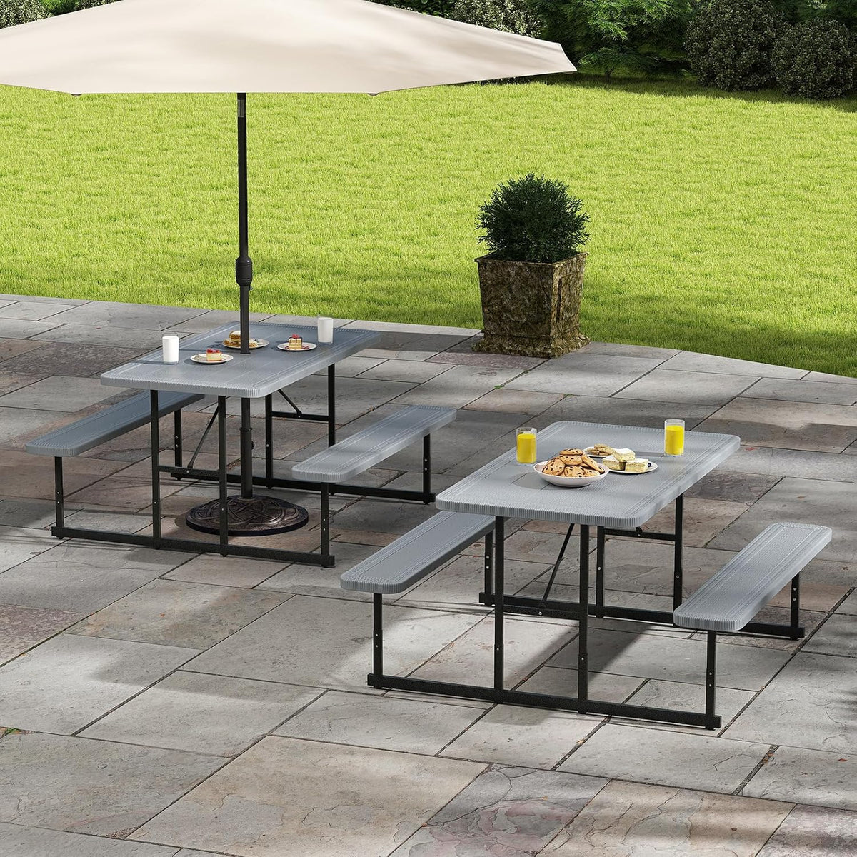 Tangkula Picnic Table, HDPE Outdoor Rectangular Table Bench Set with 2 Built-in Benches, Umbrella Hole, Metal Frame for 4 Person, Garden Yard Patio Lawn