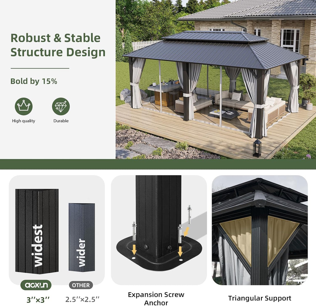 Aoxun 12’x20’ Hardtop Gazebo with Galvanized Steel Double Roof Gray