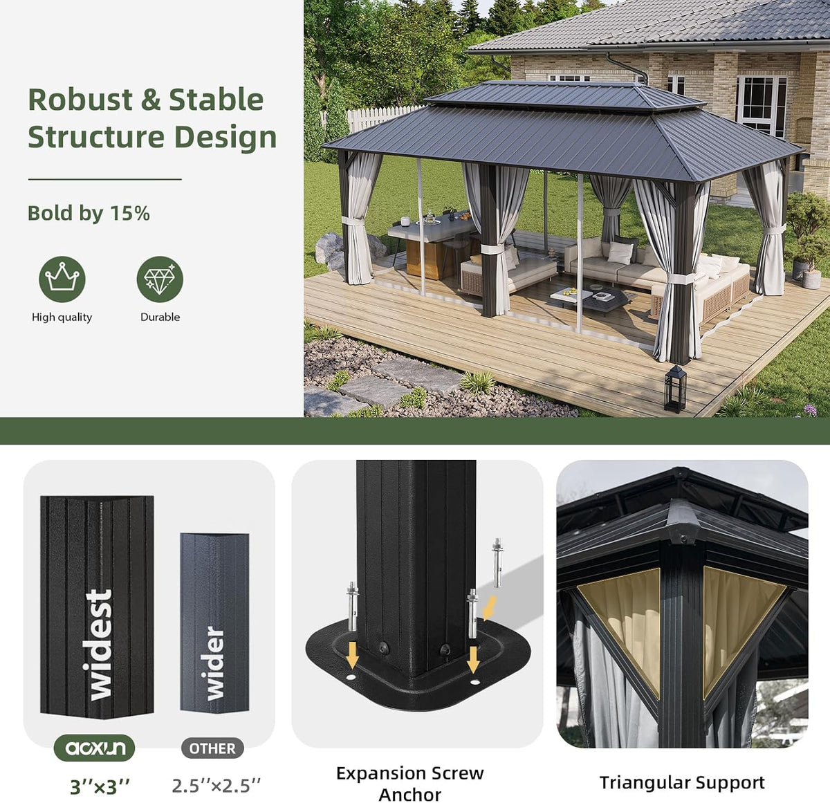 Aoxun 12’x20’ Hardtop Gazebo with Galvanized Steel Double Roof Gray