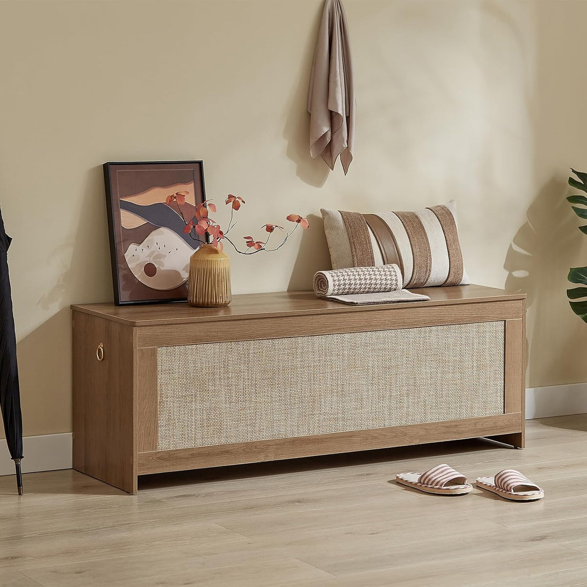 51.2" Storage Chest Extra Large, Rattan Storage Bench,(Cherry Brown