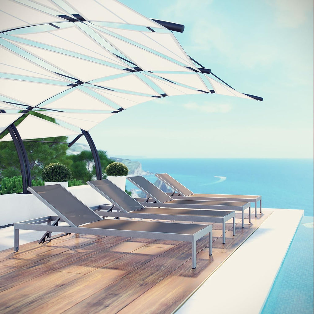 Modway Shore Aluminum Textilene® Mesh Outdoor Patio Four Poolside Chaise Lounge Chairs in Silver Gray