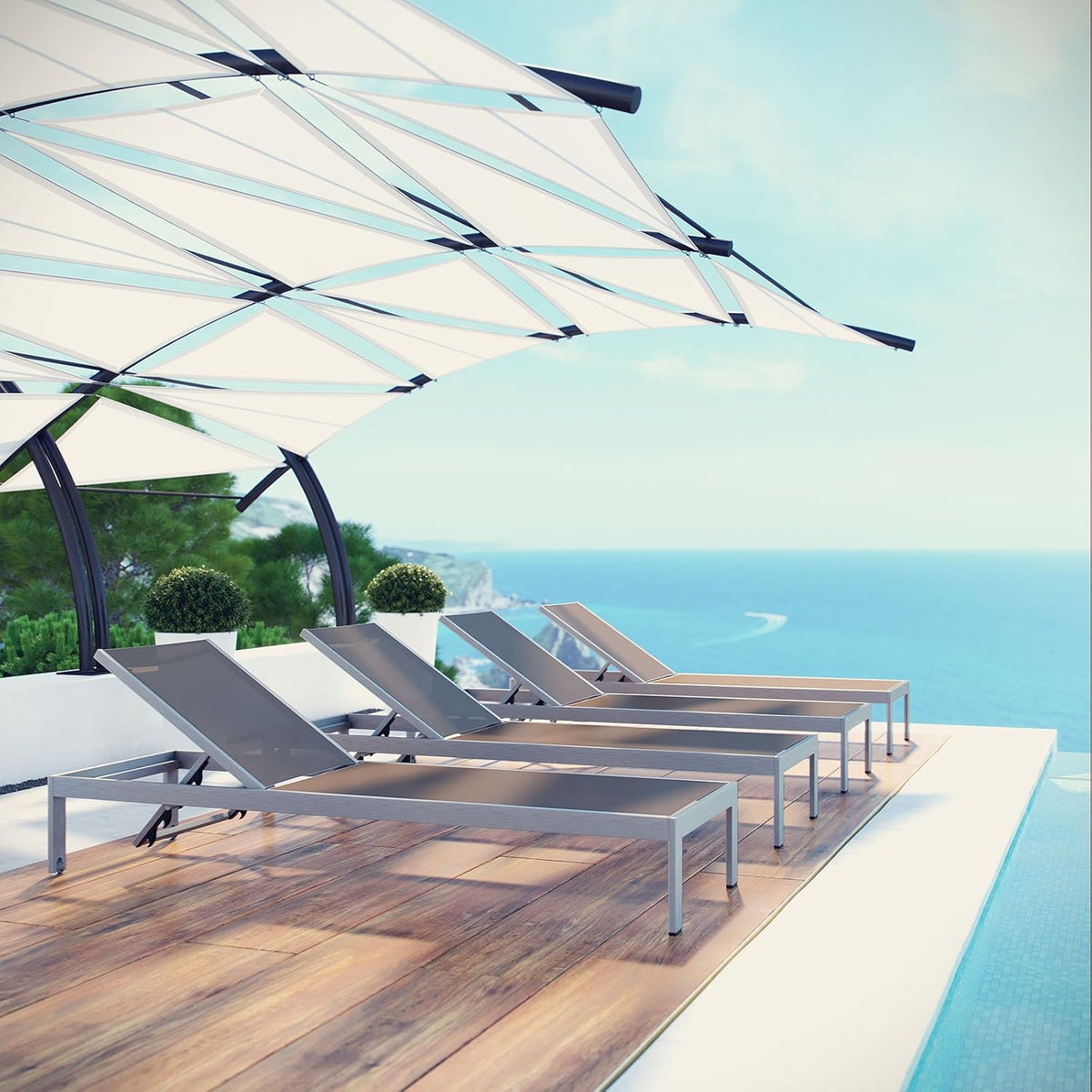 Modway Shore Aluminum Textilene® Mesh Outdoor Patio Four Poolside Chaise Lounge Chairs in Silver Gray