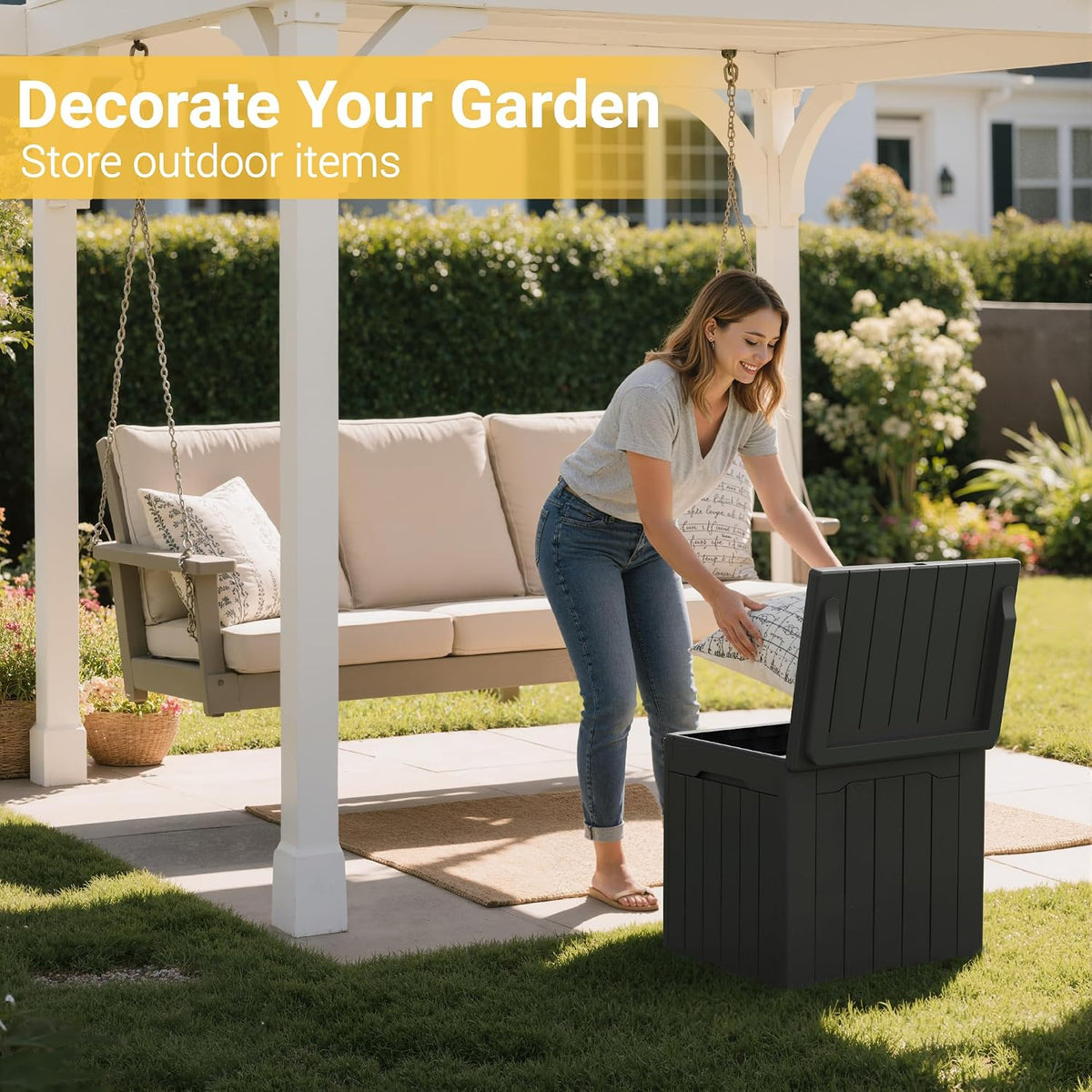 Greesum Outdoor Storage Box 31 Gallon Storage Box with Lid for Patio Furniture, Garden Tools, Pool Supplies, Waterproof and UV Resistant, Lockable, Dark Black
