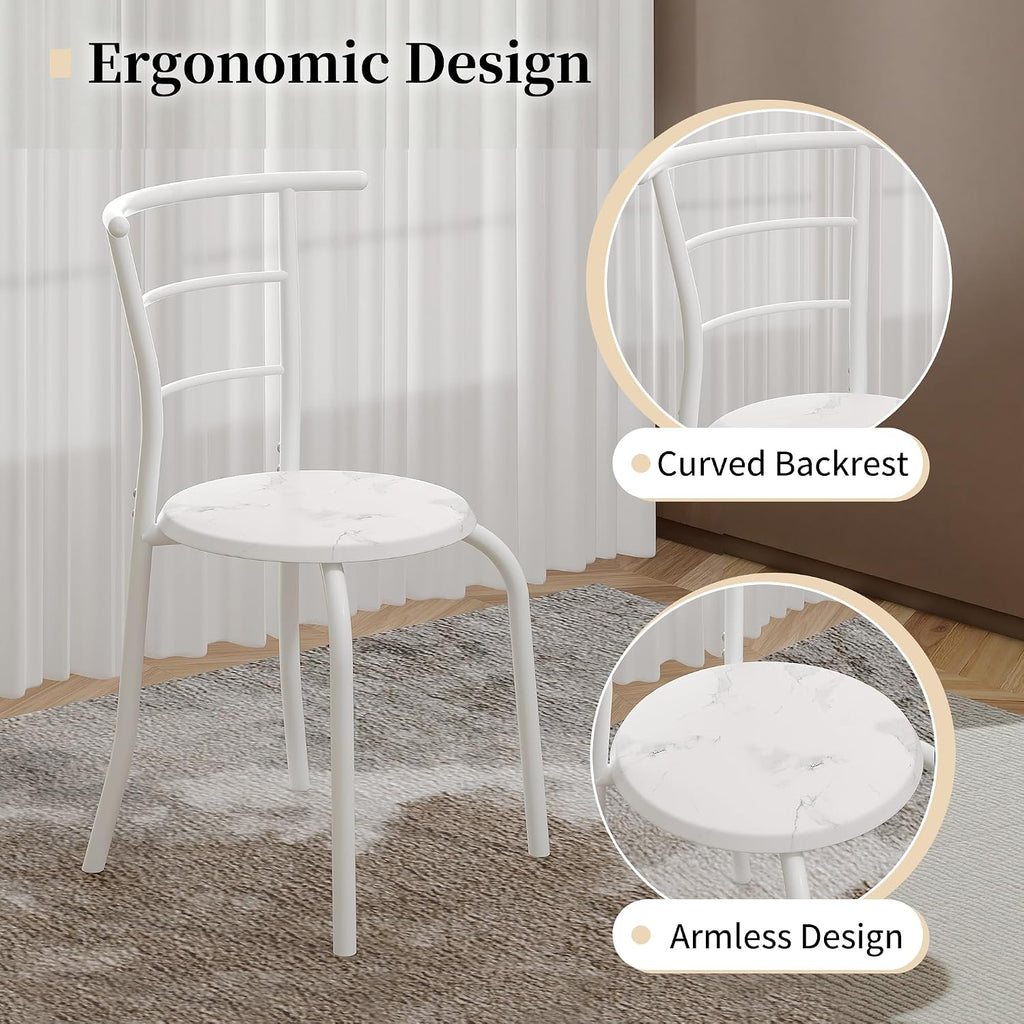 VECELO 3-Piece Dining Table Set for Kitchen Breakfast Nook, Faux Marbled Oval Tabletop and Metal Frame with Built-in Wine Rack, for Small Spaces, White