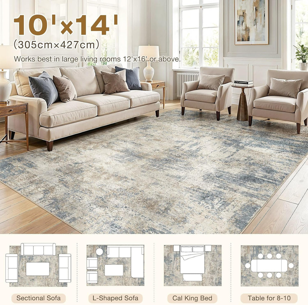 cotiled 10x14 Area Rugs Living Room: Washable Abstract Rug Light Blue