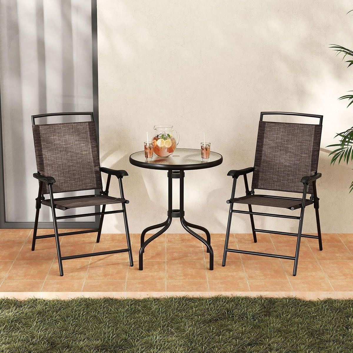 Goplus Bistro Table and Chairs Set of 2, Outdoor 3 Piece Patio Bistro Set with 1.57” Umbrella Hole, Tempered Glass Tabletop, 2 Folding Chairs, Small Patio Furniture Dining Set for Garden, Balcony