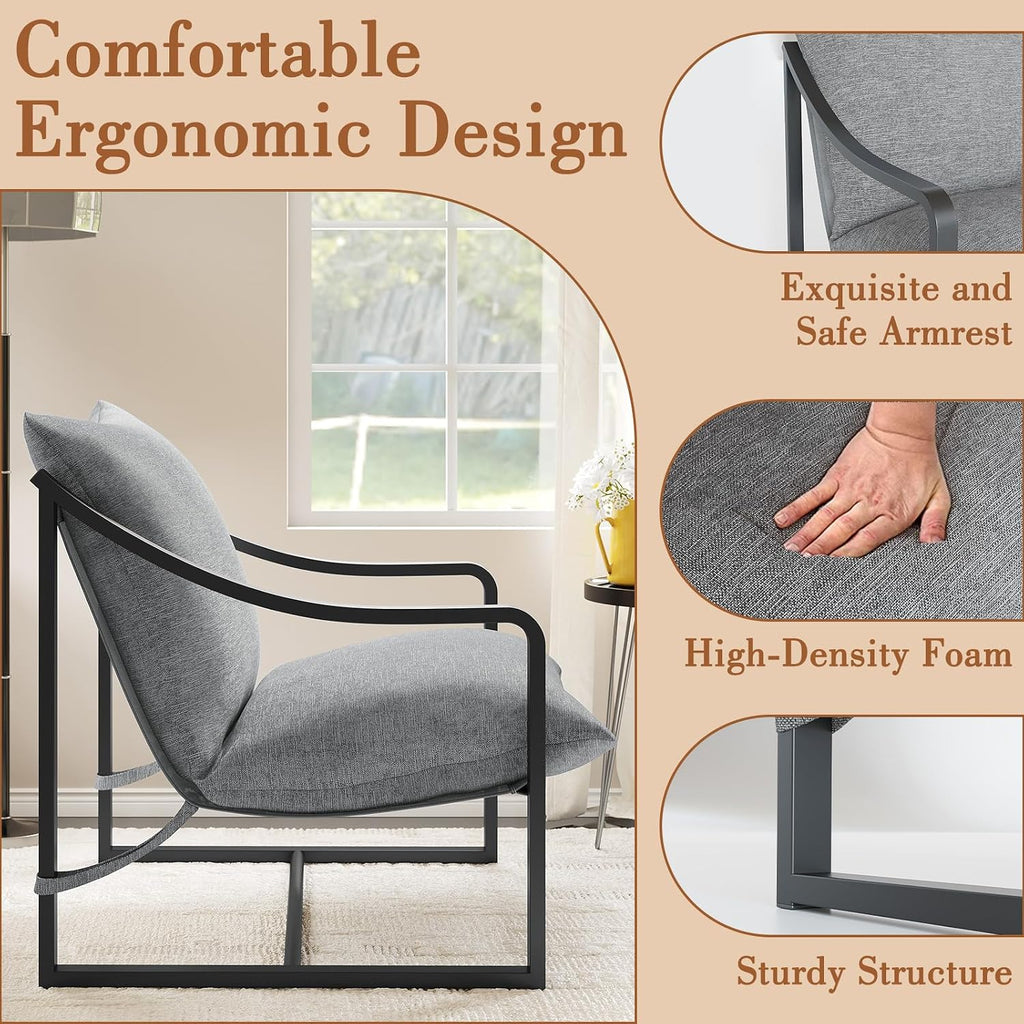 Grey Sling Accent Chair, Metal FrameSling Outdoor Chairs with Metal Frame and SOFE Cushion for Garden, Patio, Living Room & Bedroom, Easy Assembly-Grey
