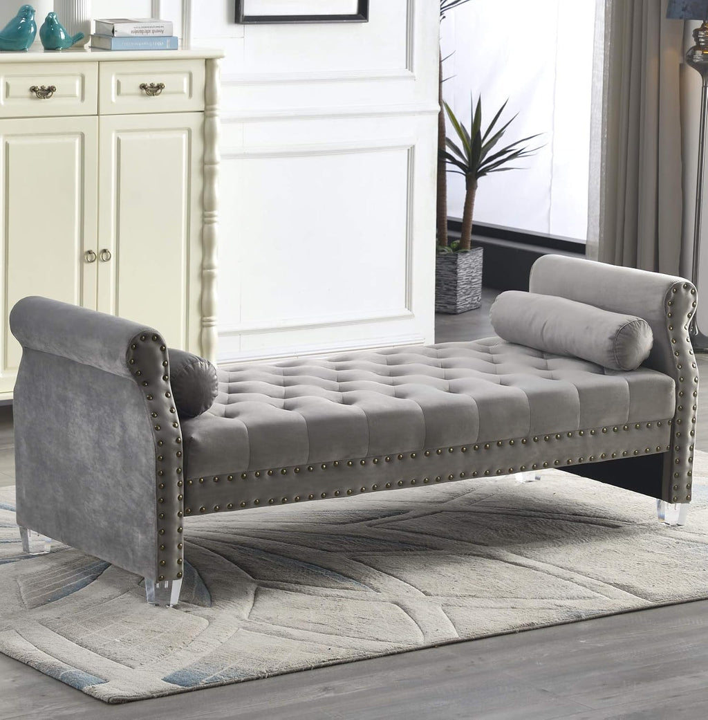 LMZ Mathias 71-inch Rolled Arm Velvet Button Tufted Upholstered Bench for Bedroom End of Bed Chaise Lounge Fabric Long Ottoman Couch Window and Living Room Footrest Stool (Grey)