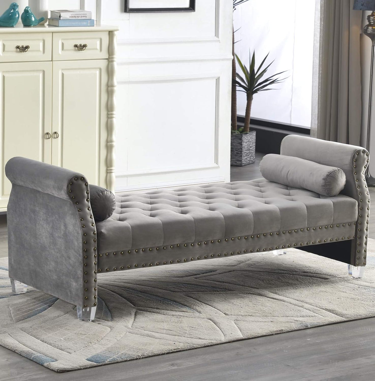 LMZ Mathias 71-inch Rolled Arm Velvet Button Tufted Upholstered Bench for Bedroom End of Bed Chaise Lounge Fabric Long Ottoman Couch Window and Living Room Footrest Stool (Grey)