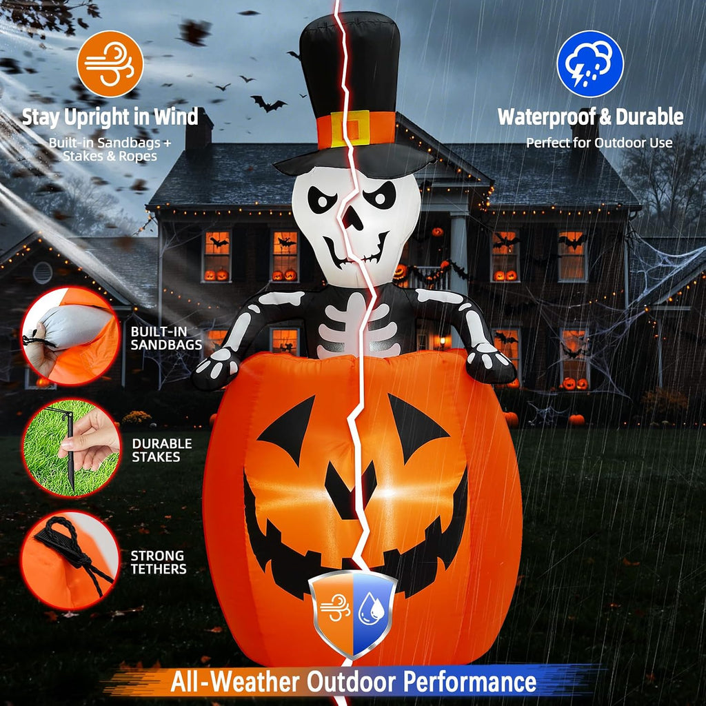 5.5FT Animated Pop Up Halloween Inflatables Outdoor Pumpkin with Peek-a-Boo Lighted Rising Skeleton Jack-O-Lantern, Blow Up Waterproof & Windproof Yard Lawn Garden Decoration