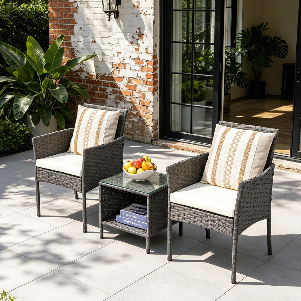 3 Piece Patio Furniture Set, Gray Wicker Chairs with Beige Cushion