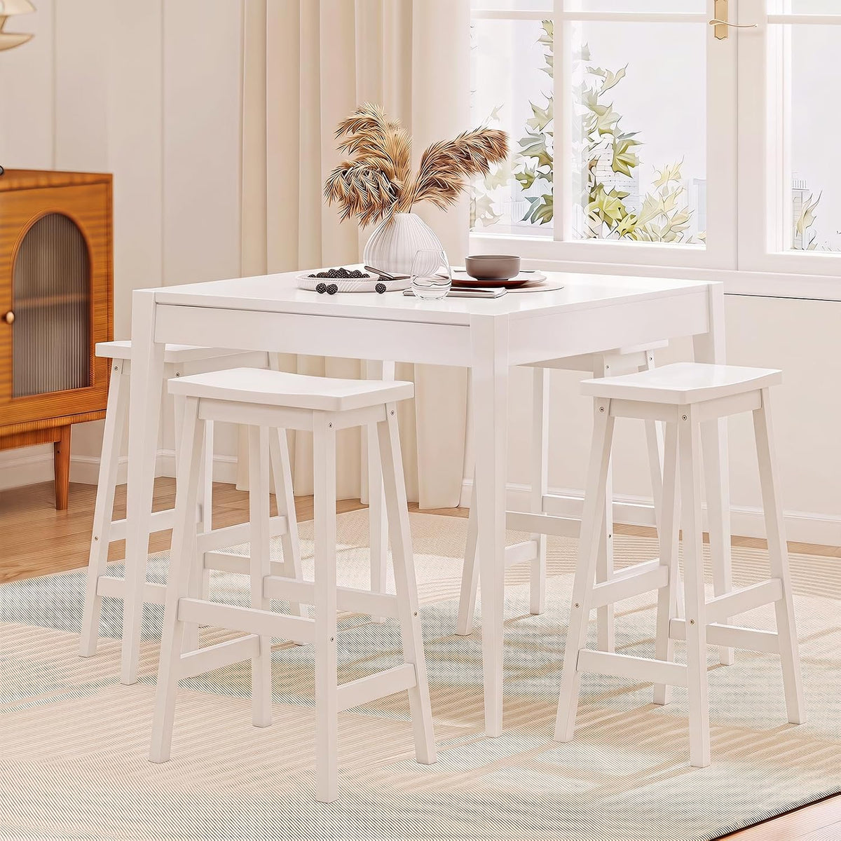 COSTWAY 29-inch Solid Wood Saddle Stools Set of 2 with Footrests, White