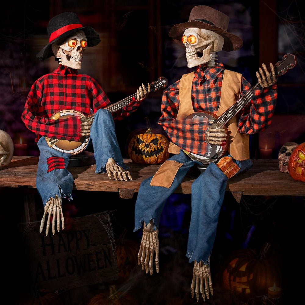 Halloween Animatronics Banjo Skeletons Duo Decorations, Animated Skull with S...