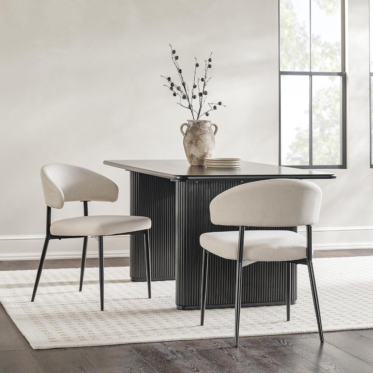 Walker Edison Modern Curved Back Upholstered Dining Chair with High-Performance Woven Upholstery and Powder Coated Steel Base, 2pk, Ivory