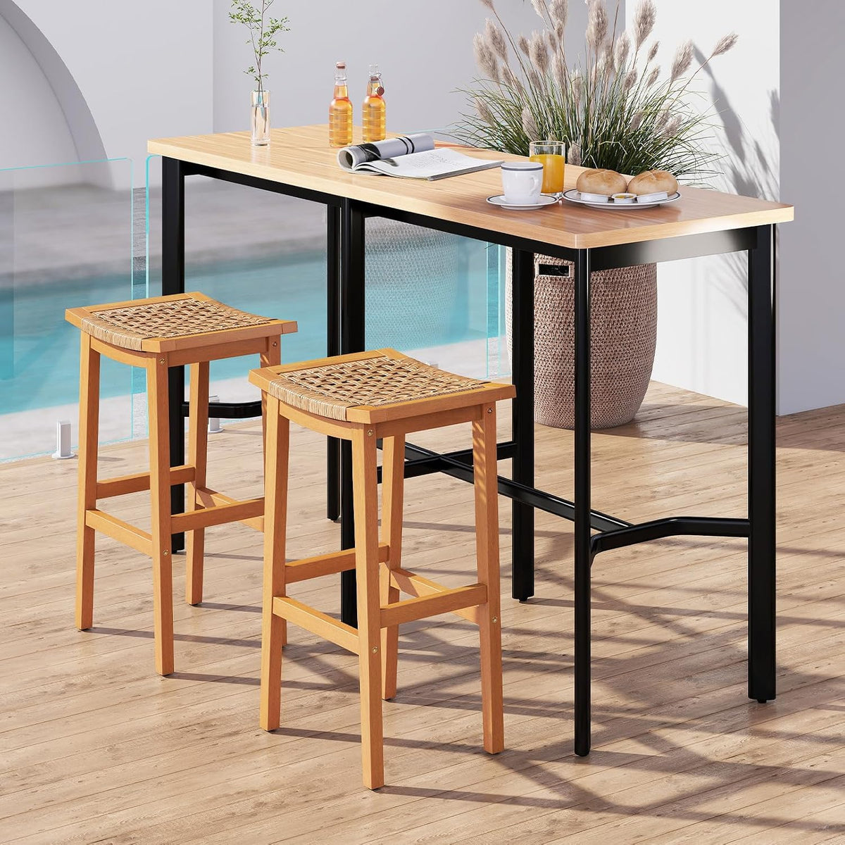 GIANTEX Outdoor Wooden Bar Stools Set of 2, 29" Backless Patio Barstools with PE Rattan Saddle Seat & Footrest, Solid Acacia Wood Bar Height Stools for Porch, Garden, Backyard, Poolside, Armless