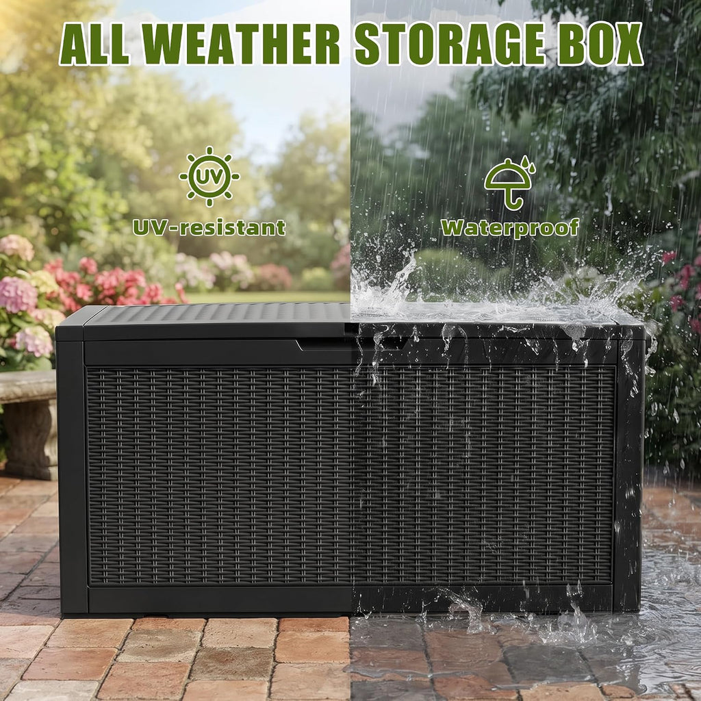 140 Gallon Deck Box, Lockable Waterproof Resin Storage Box, Black