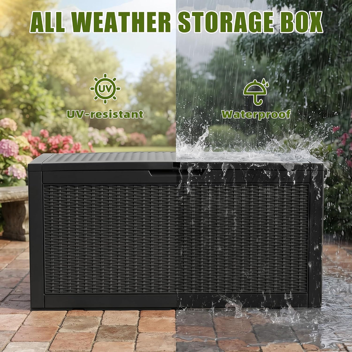 140 Gallon Deck Box, Lockable Waterproof Resin Storage Box, Black