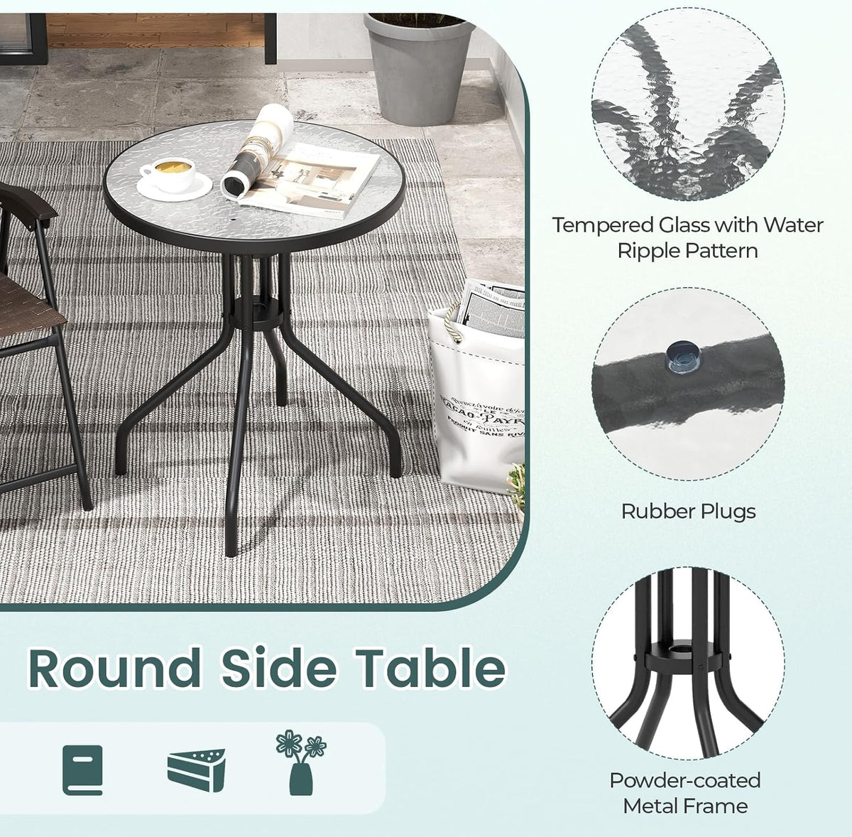 S AFSTAR 3-Piece Patio Dining Set, Steel Bistro Table and Chairs Set of 2 w/Folding Chairs & Tempered Glass Table, Indoor/Outdoor Conversation Furniture Set for Porch, Balcony, Garden, Poolside