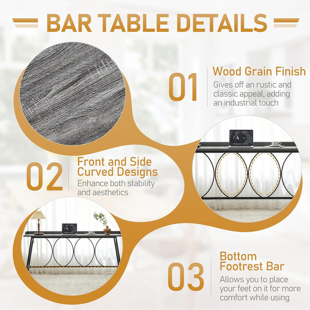 Karl home 82.3" Bar Table, Counter Height Table with Back Rail, Wash Gray