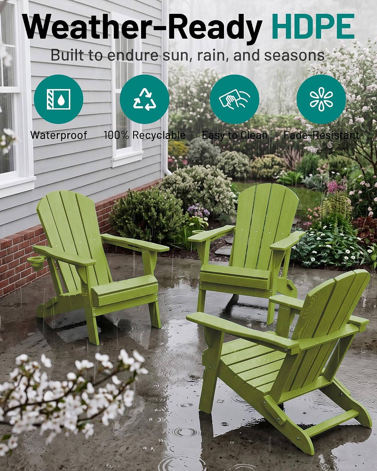 PLUUV Folding Adirondack Chairs Set of 6 with Cup Holder, Apple Green