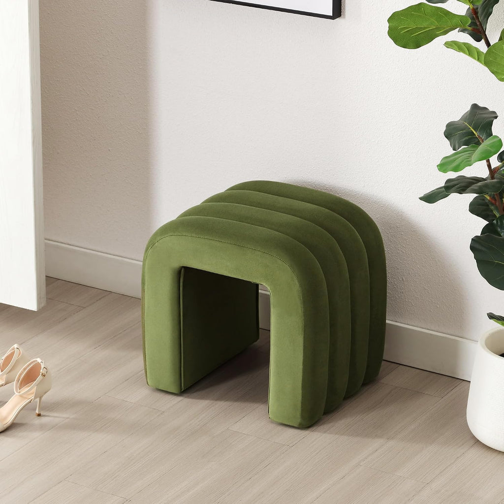 Olive Green Velvet Ottoman Stool, Small Vanity Stool
