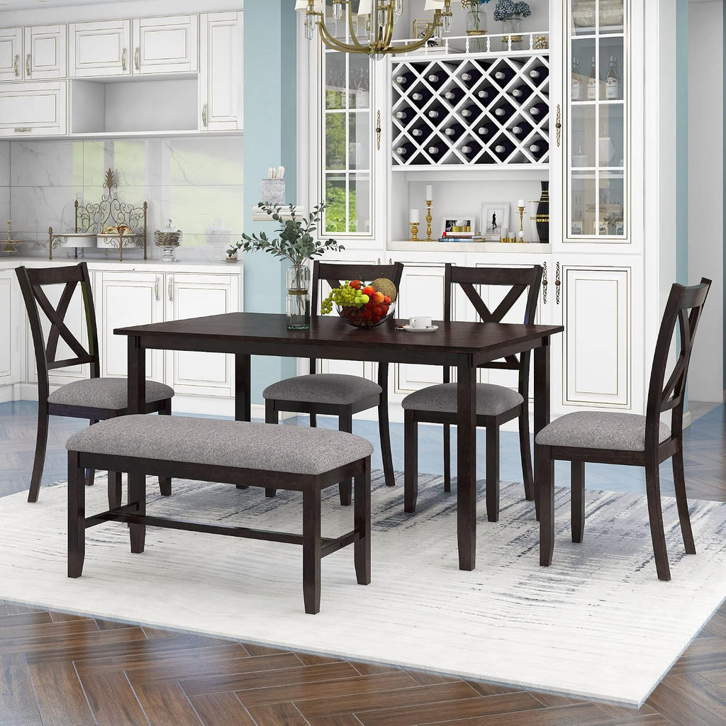 Merax 6 Piece Rustic Farmhouse Dining Table Set with Bench, Solid Wood Rectangular Kitchen Table Set with 4 Upholstered Chairs for Dining Room & Kitchen - Espresso+Gray