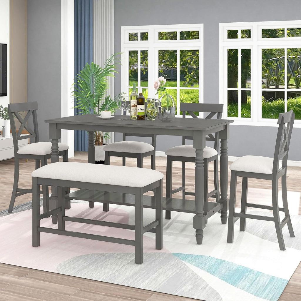LUMISOL Counter Height Kitchen Table Set with Bench and Chairs for 6 Rustic Solid Wood Dining Room Table Set with Bottom Shelf for Storage, Gray