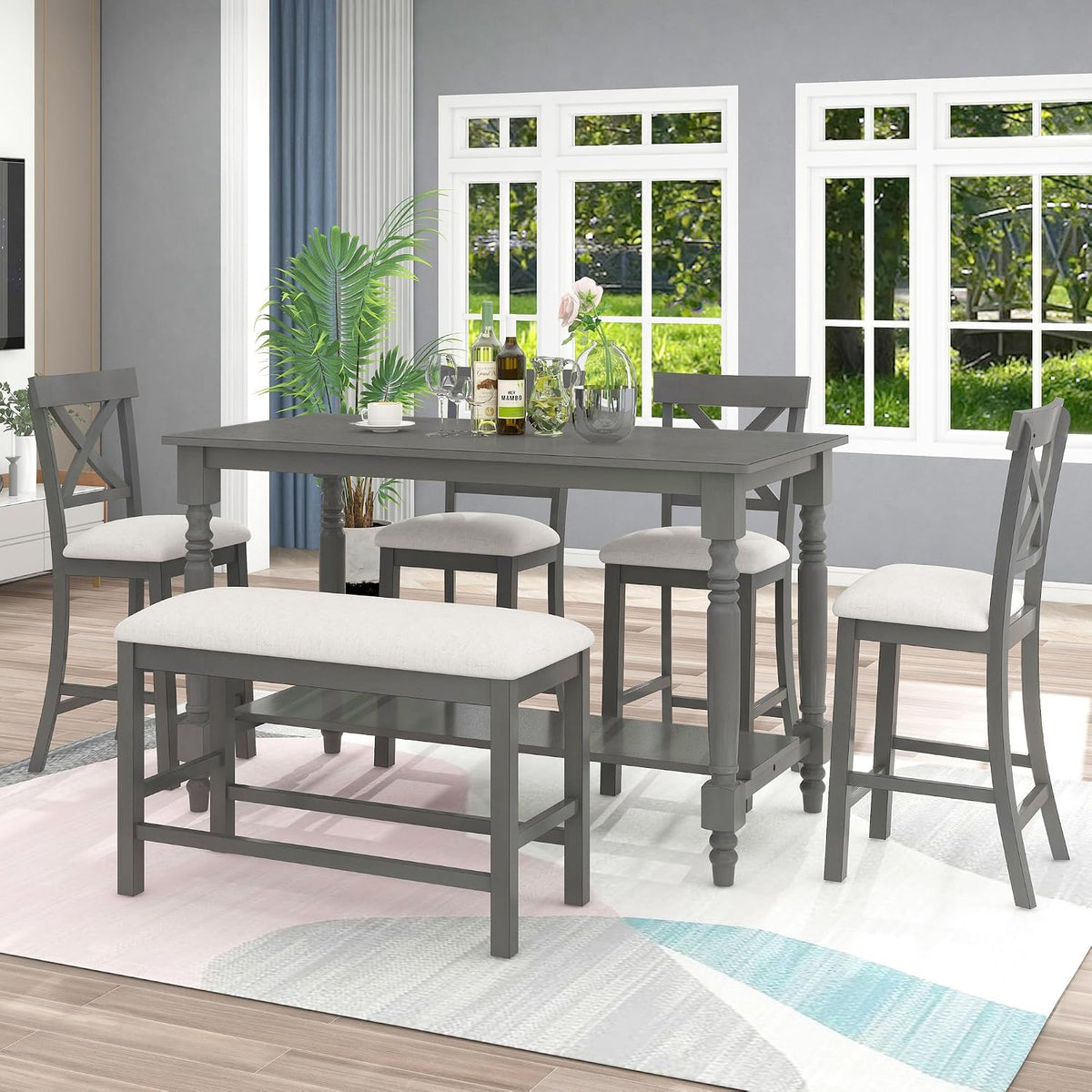 LUMISOL Counter Height Kitchen Table Set with Bench and Chairs for 6 Rustic Solid Wood Dining Room Table Set with Bottom Shelf for Storage, Gray
