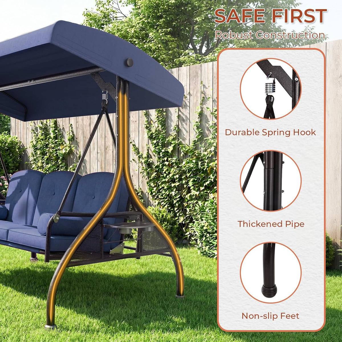 TLSUNNY Outdoor Porch Swing with Adjustable Canopy & 2 Pillows, 800 lbs