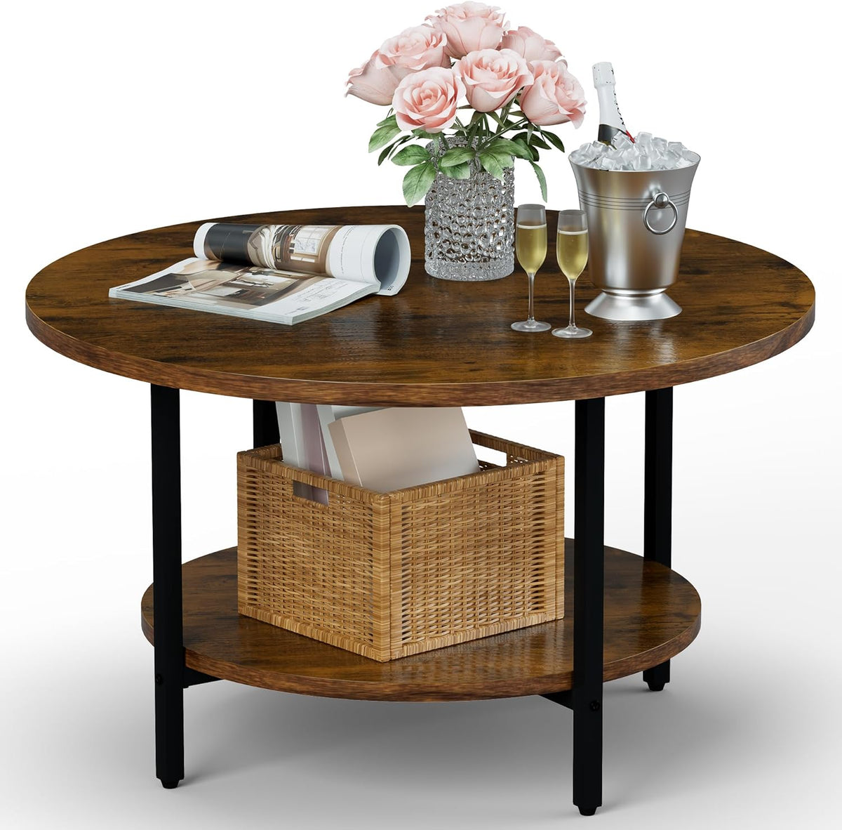 Coffee Tables for Living Room, 27.6" Round Coffee Table, Brown Coffee Table