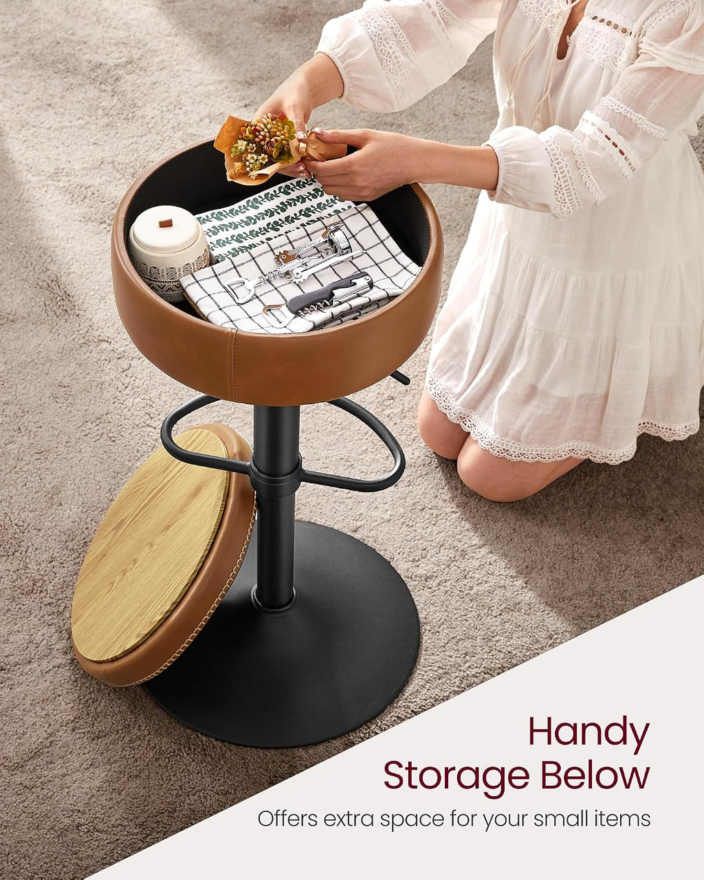 VASAGLE 360° Swivel Bar Stool, Height Adjustable, with Storage