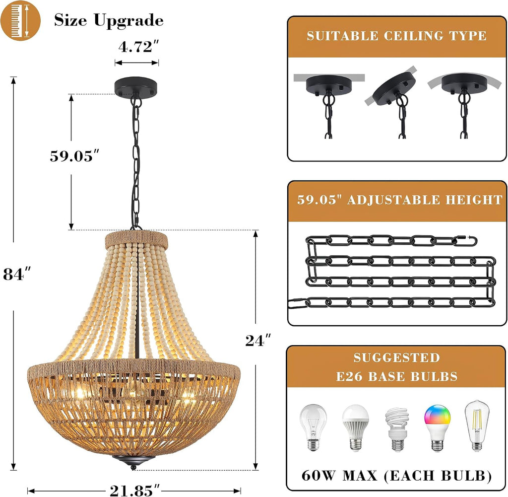 22" Wood Beaded Chandelier Boho Farmhouse Pendant Light for Dining Room