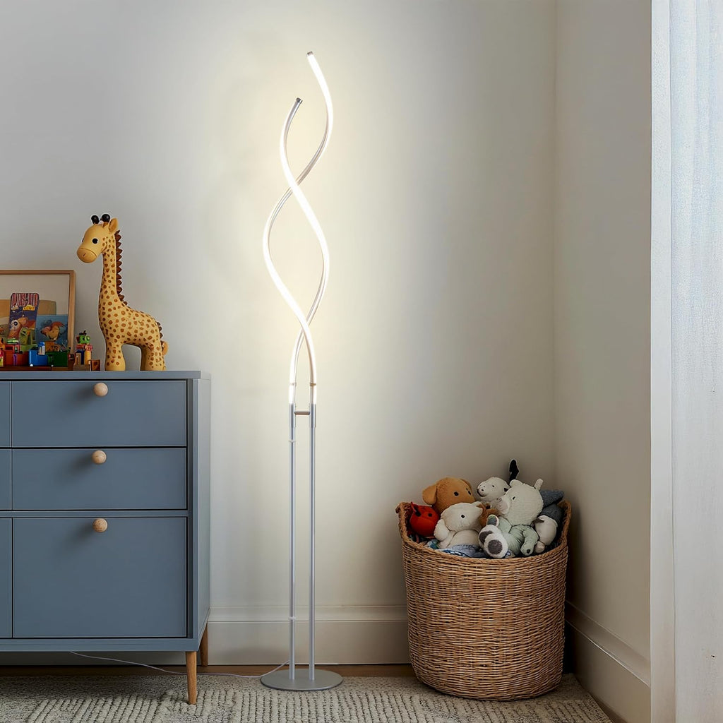 Brightech Embrace Dimmable LED Floor Lamp – Modern Spiral Adjustable Standing Lamp for Living Rooms & Offices – 2-in-1 Tall End Table Lamp for Bedroom Reading - Silver
