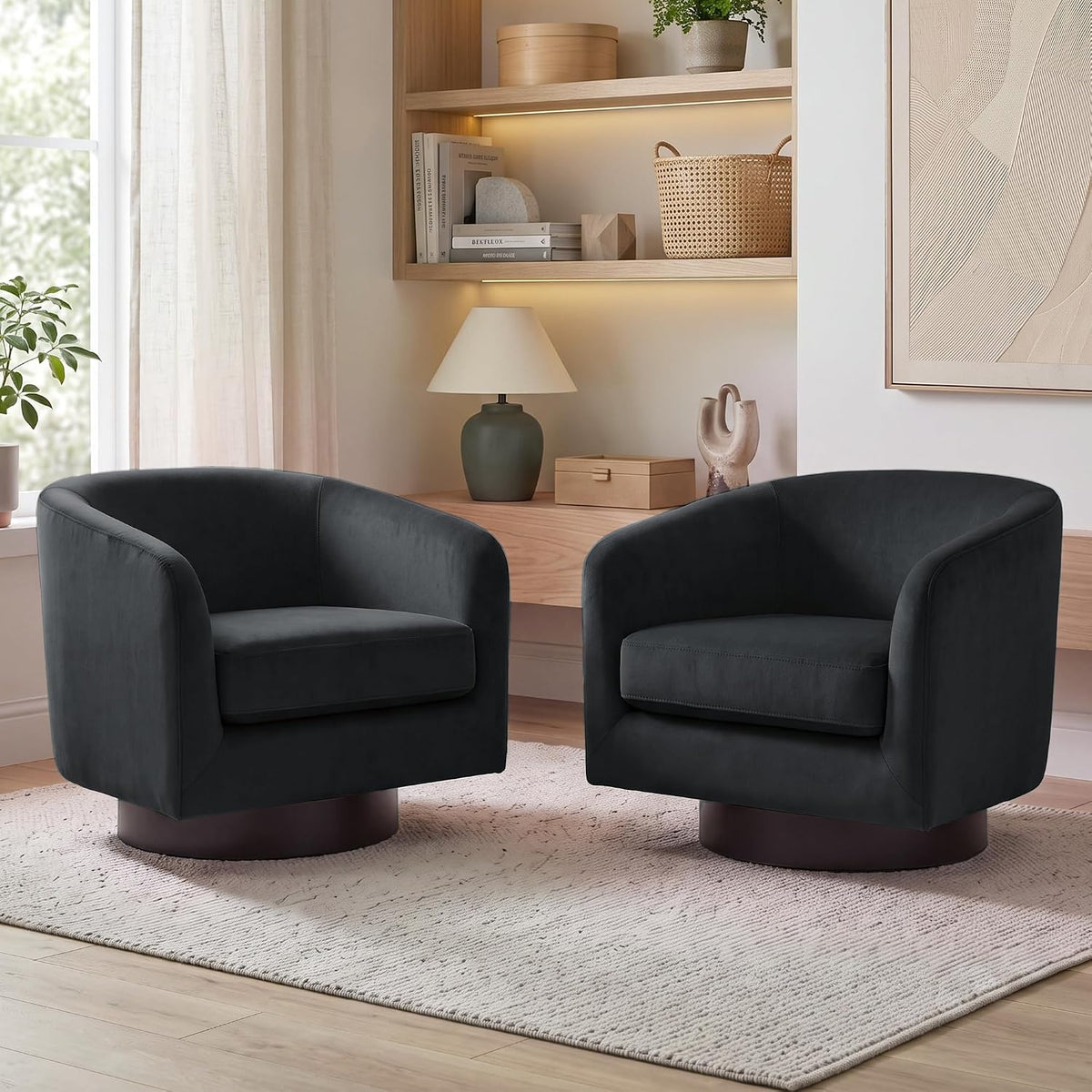 Swivel Barrel Accent Chair, Comfy Reading Armchair, Black, Set of 2