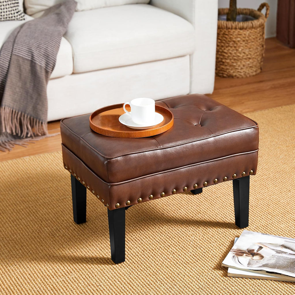 Glitzhome Mid-Century Faux Leather Ottoman, Modern Accent Stool PU Leather Foot Stool, Vanity Stool Ottoman Foot Rest Make Up Stool for Living Room, Coffee